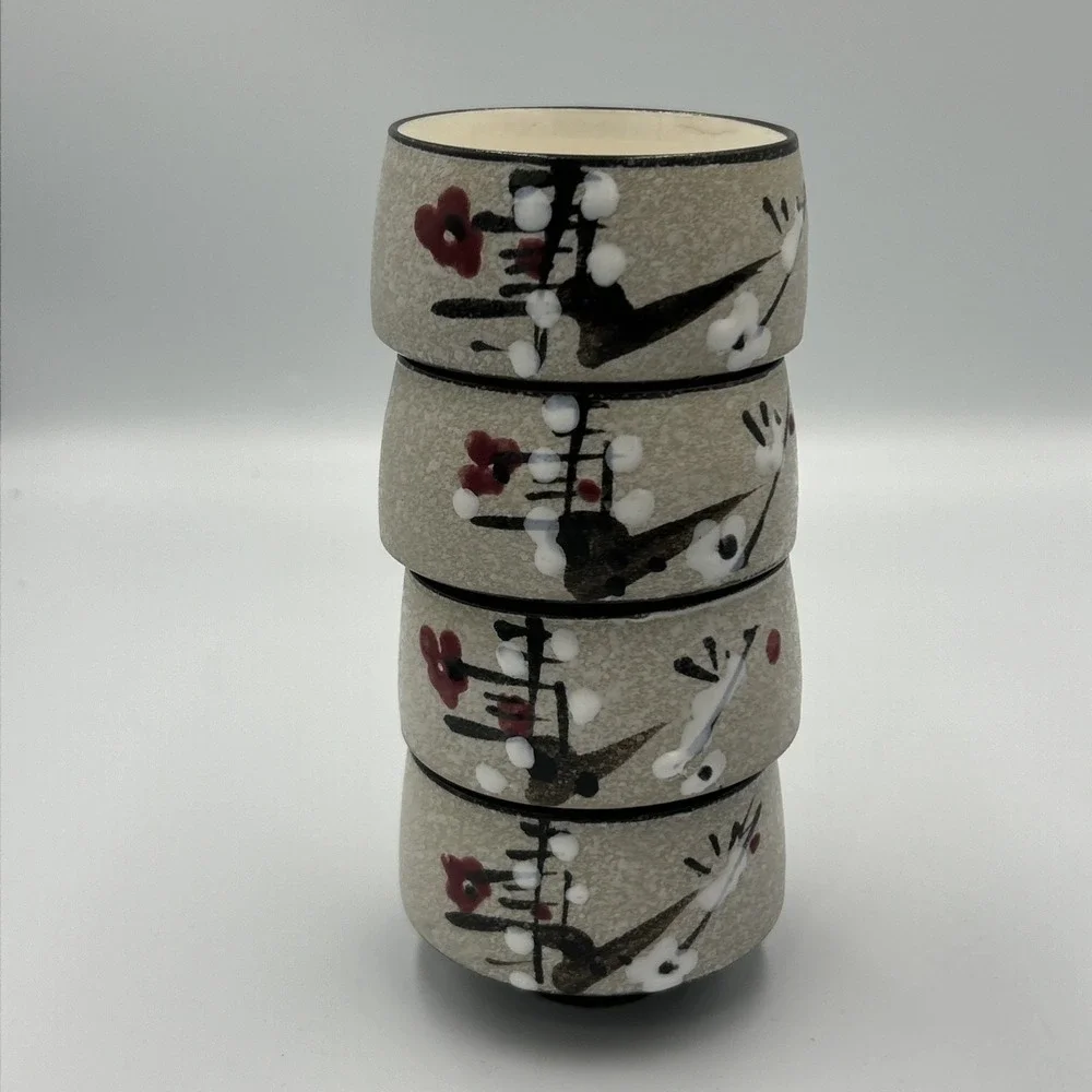 VTG Japanese‎ Teapot & 4 Cups Set Bamboo Handle Stoneware RED WHITE BLACK FLORAL